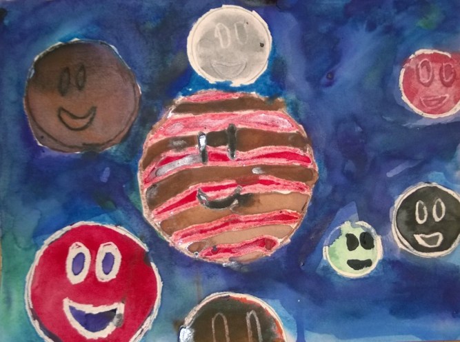 Students are inspired by James Rizzi's artwork to create wax resist landscapes or cityscapes.