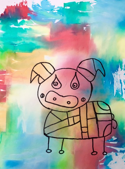 Miro-inspired creatures using bleeding tissue paper and Sharpies.