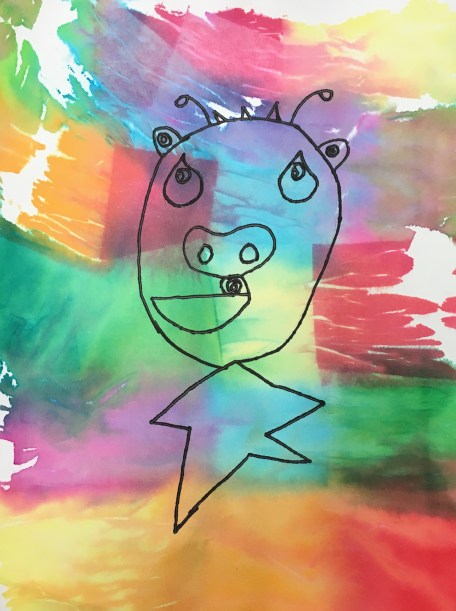 Miro-inspired creatures using bleeding tissue paper and Sharpies.