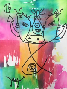 Miro-inspired creatures using bleeding tissue paper and Sharpies.