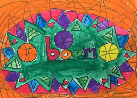 Students use onomatopoeias and tempera paint to create Pop At.
