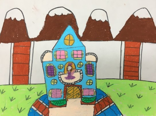 3rd graders use oil pastels to create a castle and landscape.
