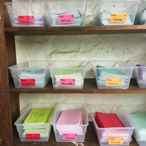 Use color coordination to organize complicated elementary art class schedules.
