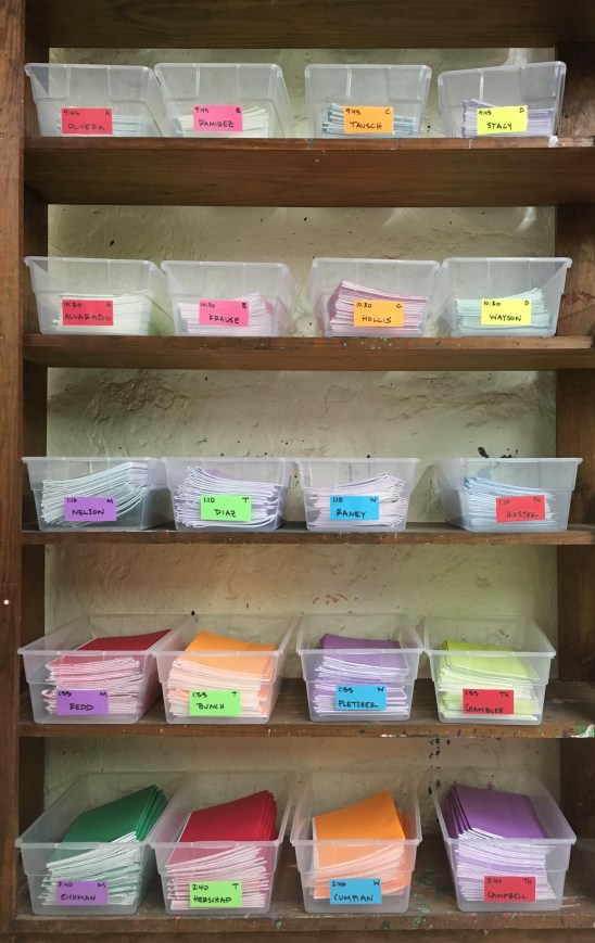 Use color coordination to organize complicated elementary art class schedules.