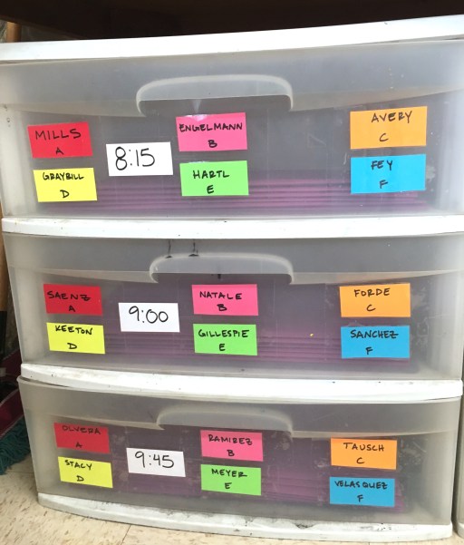 Use color coordination to organize complicated elementary art class schedules.