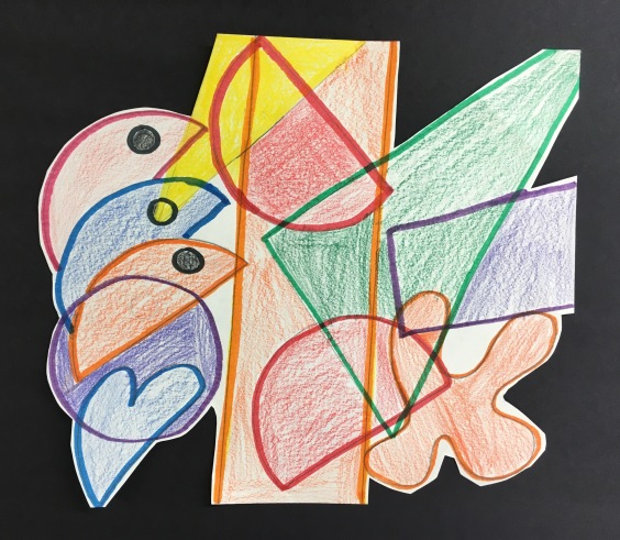 Student use positive and negative space to create art inspired by Frank Stella.