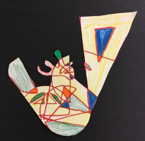 Student use positive and negative space to create art inspired by Frank Stella.