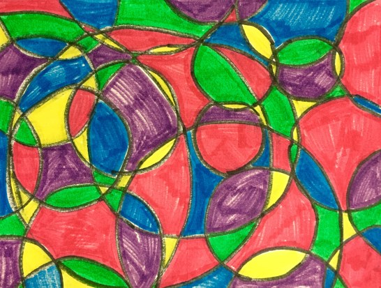 Student use positive and negative space to create art inspired by Frank Stella.