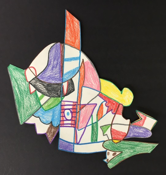 Student use positive and negative space to create art inspired by Frank Stella.