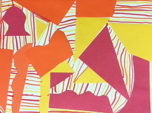 Students glue down organic and geometric shapes, then fill the background with warm or cool colored lines. Elementary art project
