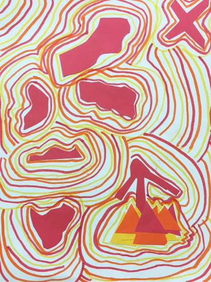 Students glue down organic and geometric shapes, then fill the background with warm or cool colored lines. Elementary art project