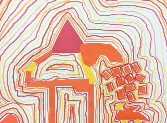 Students glue down organic and geometric shapes, then fill the background with warm or cool colored lines. Elementary art project