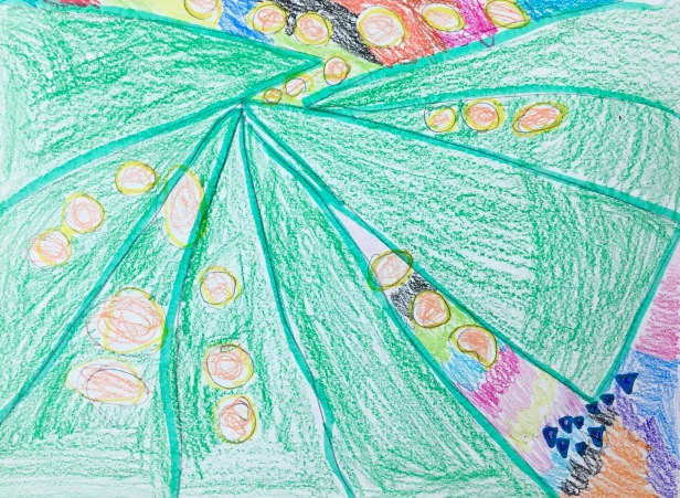 Elementary students use markers and crayons to create artwork using big, medium and small shapes.