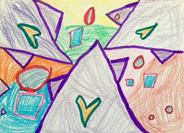 Elementary students use markers and crayons to create artwork using big, medium and small shapes.