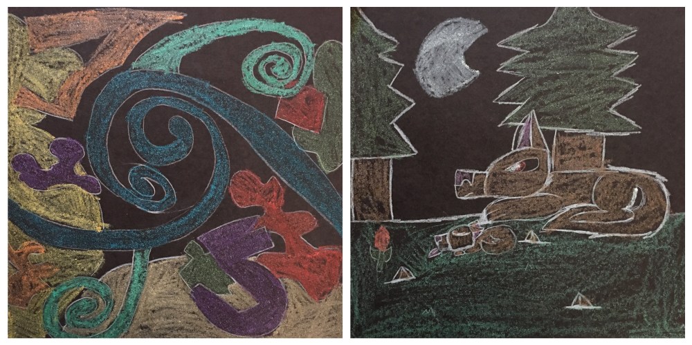 Inspired by Paul Klee, students draw one realistic and one abstract piece of artwork, then color them with metallic crayons.