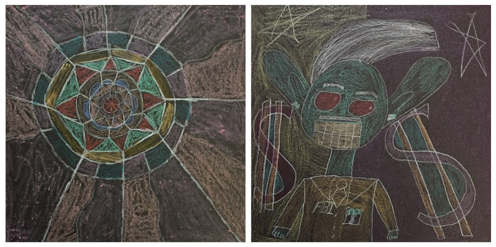 Inspired by Paul Klee, students draw one realistic and one abstract piece of artwork, then color them with metallic crayons.