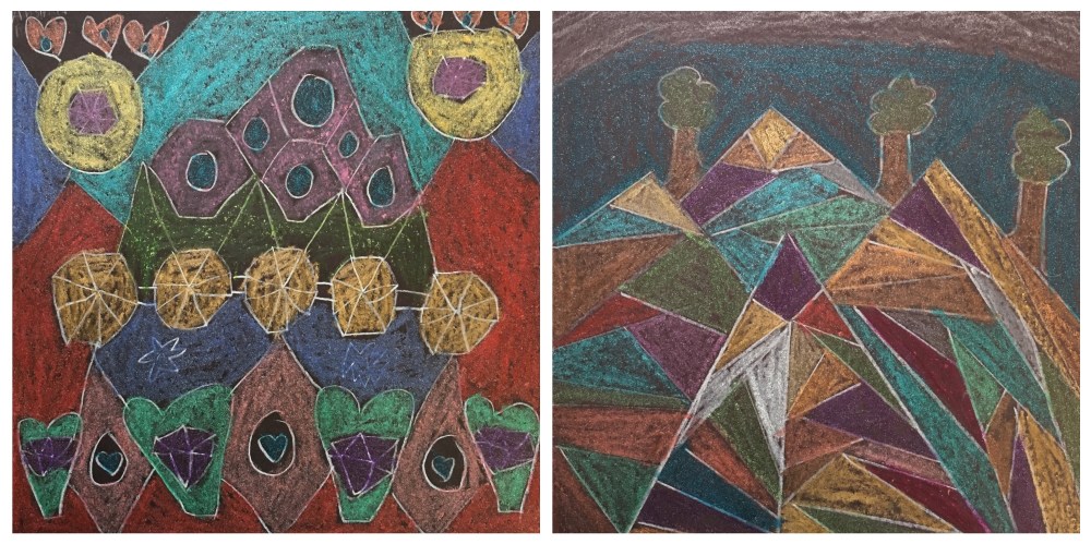 Inspired by Paul Klee, students draw one realistic and one abstract piece of artwork, then color them with metallic crayons.