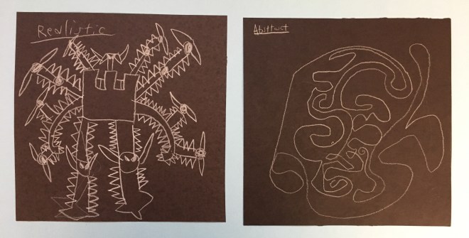 Inspired by Paul Klee, students draw one realistic and one abstract piece of artwork, then color them with metallic crayons.