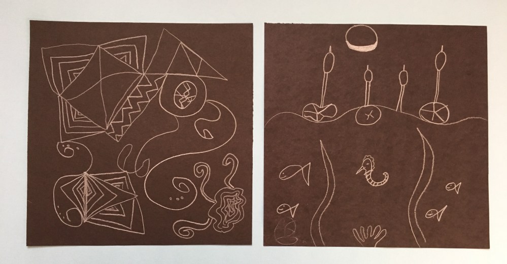 Inspired by Paul Klee, students draw one realistic and one abstract piece of artwork, then color them with metallic crayons.