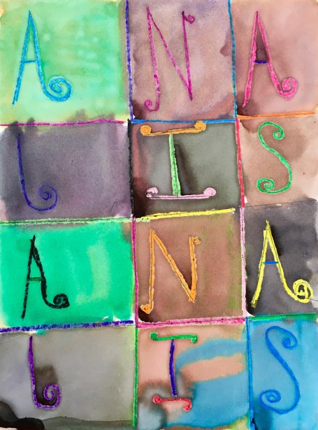 Draw a grid with crayon and fill it with letters. Paint over it with watercolors to create a wax resist.