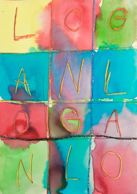 Draw a grid with crayon and fill it with letters. Paint over it with watercolors to create a wax resist.