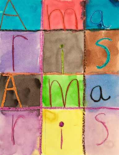 Draw a grid with crayon and fill it with letters. Paint over it with watercolors to create a wax resist.