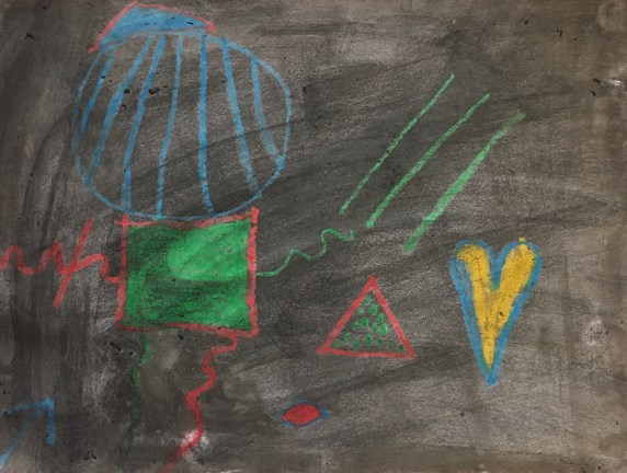 Inspired by Kandinsky, students play a drawing game using crayons. Then they paint over their artwork with ink.