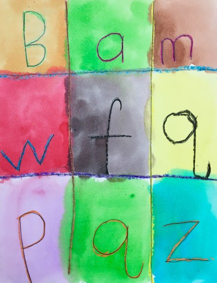 Draw a grid with crayon and fill it with letters. Paint over it with watercolors to create a wax resist.