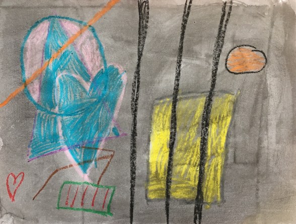 Inspired by Kandinsky, students play a drawing game using crayons. Then they paint over their artwork with ink.