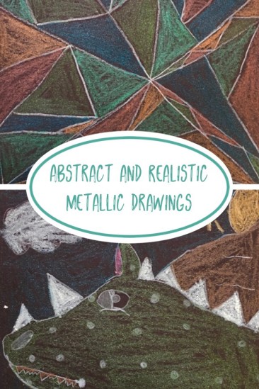 Inspired by Paul Klee, students draw one realistic and one abstract piece of artwork, then color them with metallic crayons.