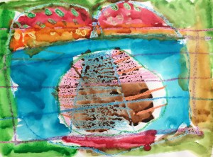 Inspired by Kandinsky, students play a drawing game using crayons. Then they paint over their artwork with watercolor.